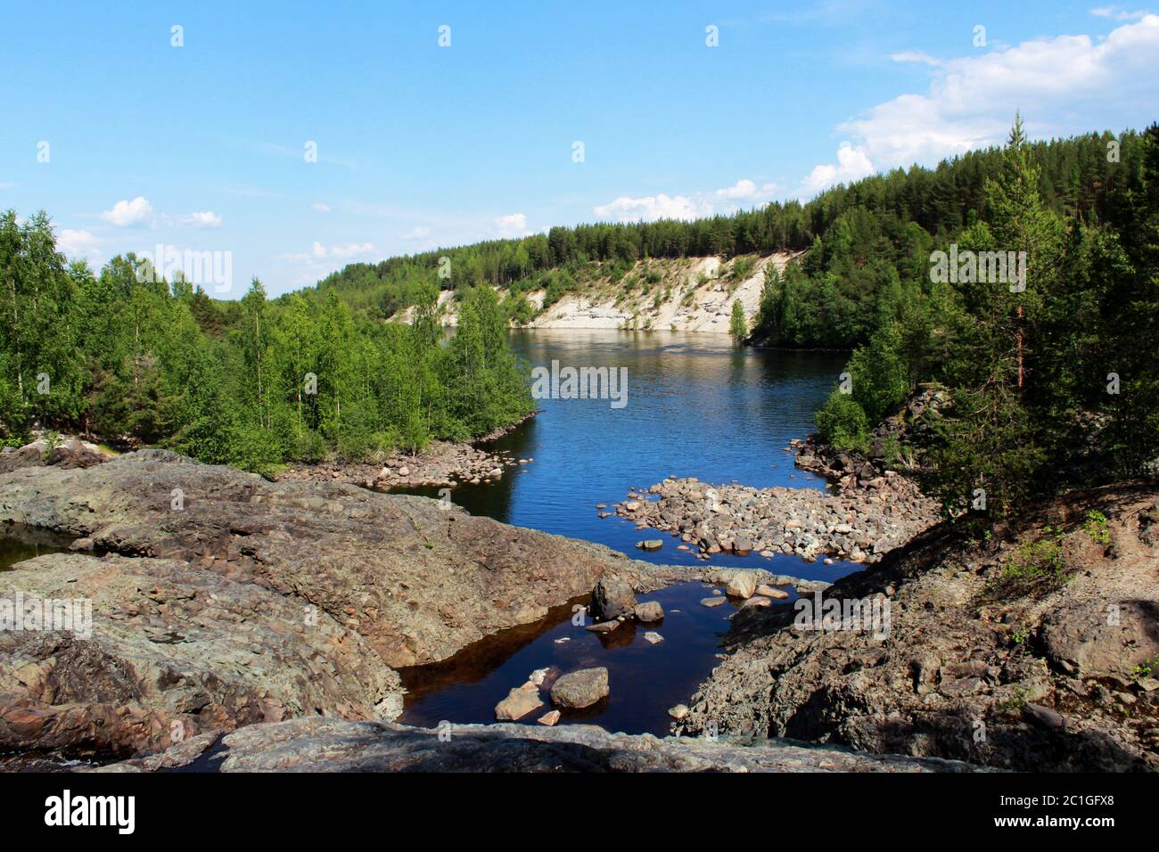 A wide river flows between sandy beaches surrounded by a mixed coniferous forest. Karelia, Russia. In the foreground is an extin Stock Photo