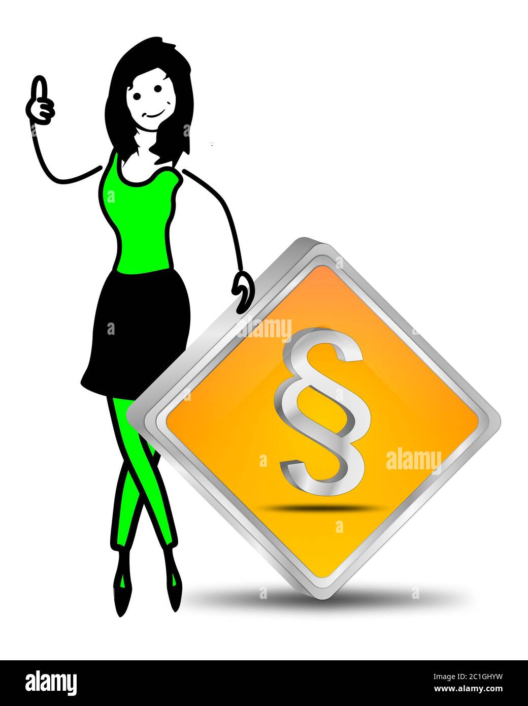 green female stick figure with Law paragraph button - 3D illustration Stock Photo