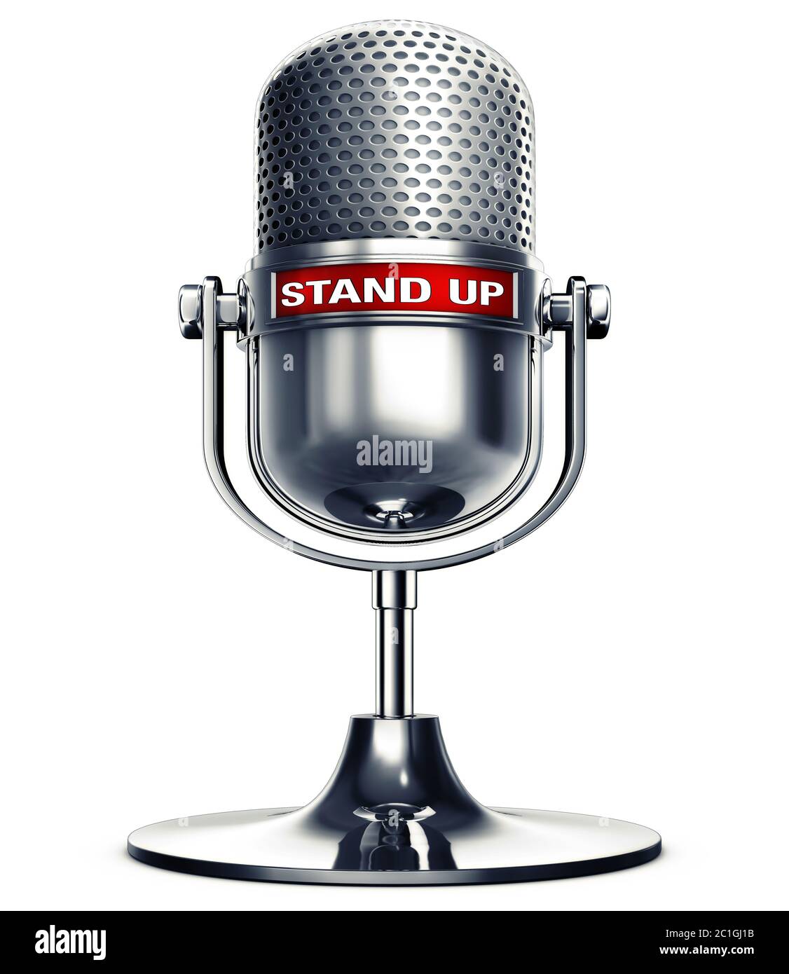3D rendering of an microphone with the words stand up Stock Photo