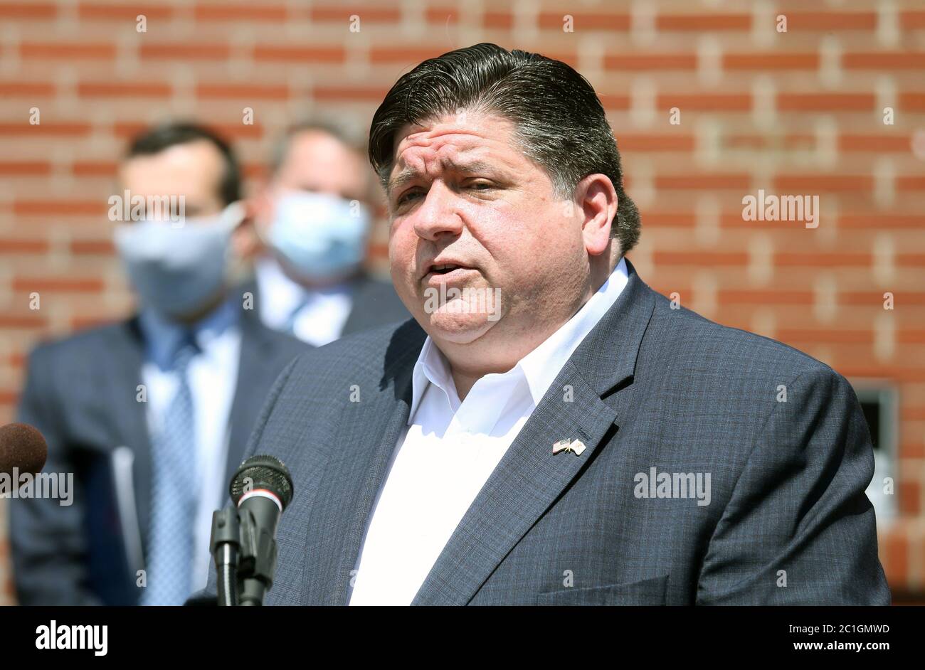 Belleville, United States. 15th June, 2020. Illinois Governor JB Pritzker announces $275 million in funding for the Low-Income Home Energy Assistance Program (LIHEAP) and Community Services Block Grant (CSBG) programs, while visiting Belleville, Illinois on Monday, June 15, 2020. Effective immediately, eligible Illinois residents and families can apply to receive assistance with food, rent, utilities, temporary shelter, medicine and other essential household services impacted by COVID-19. Photo by Bill Greenblatt/UPI Credit: UPI/Alamy Live News Stock Photo
