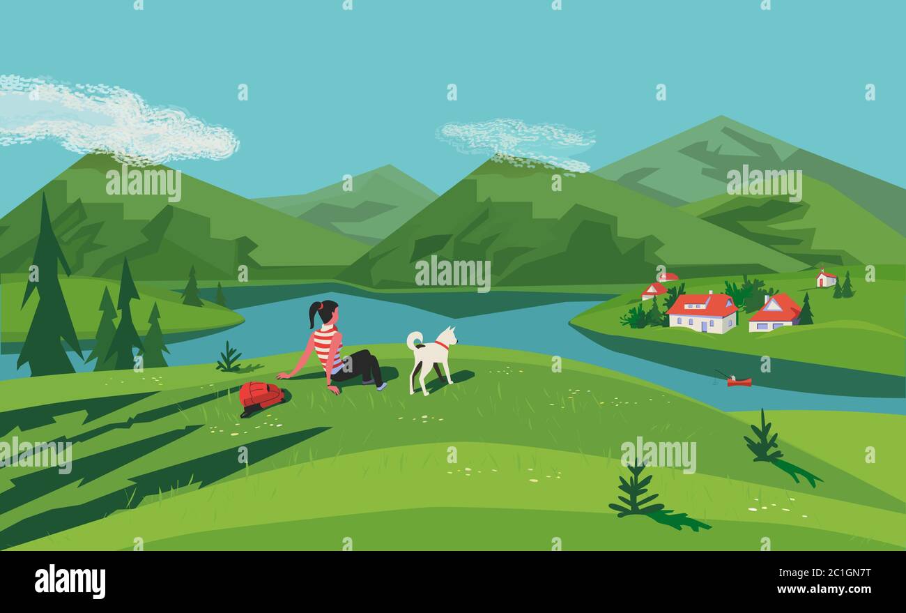 Mountain green valley lake landscape. Summer season scenic view poster. River side village in mountains. Girl, dog travel to countryside cartoon illus Stock Vector