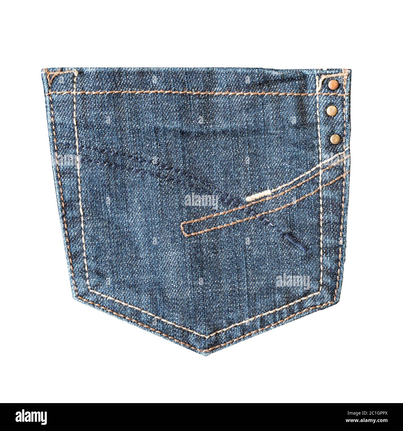 Blue jeans back pocket with stitches and rivets isolated on white  background. Denim fashion, pocket design. Closeup Stock Photo - Alamy
