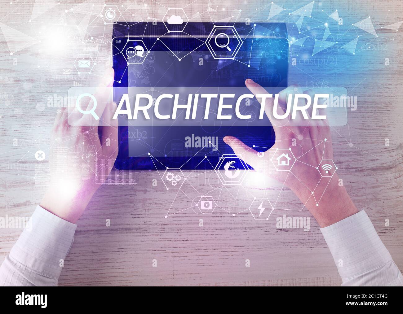 Inscription Technology Close-up of a tablet searching ARCHITECTURE inscription, hi-tech ...