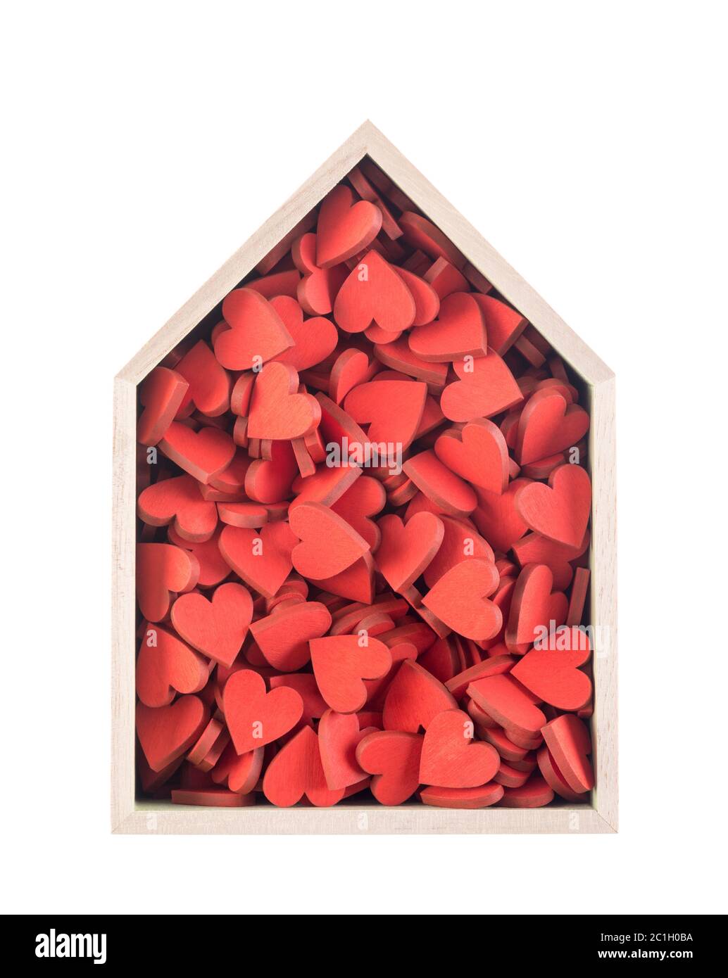 House full of love concept. Wooden house with many red hearts isolated on white background Stock Photo