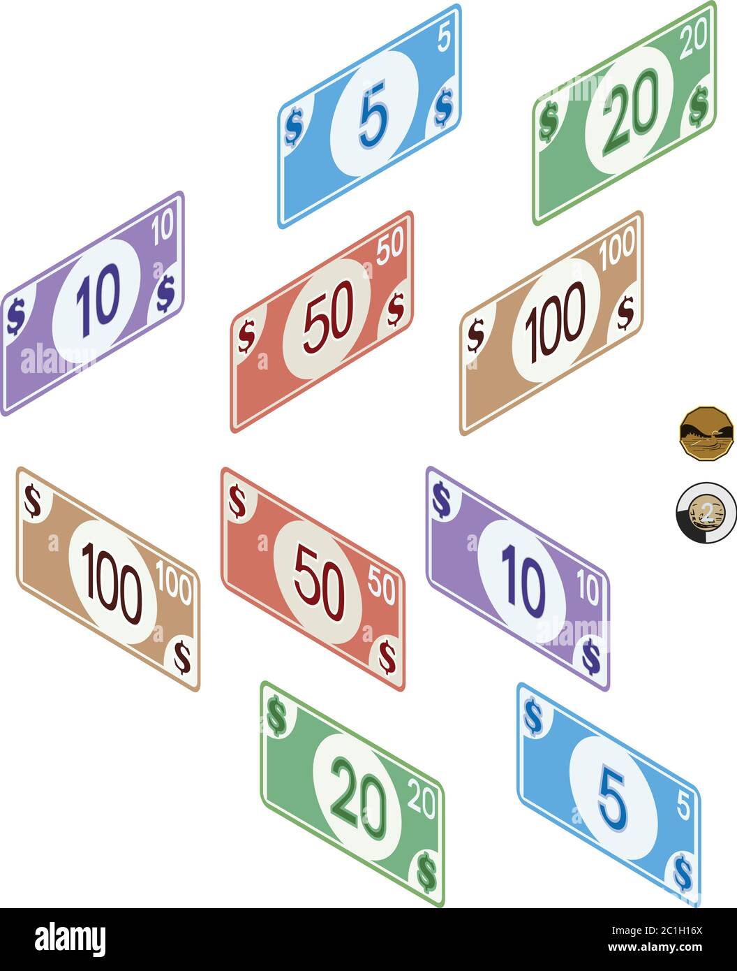 Money, bills 5, 10, 20, 50 & 100, coins 1 & 2 dollars. Full color graphic renderings Stock Vector