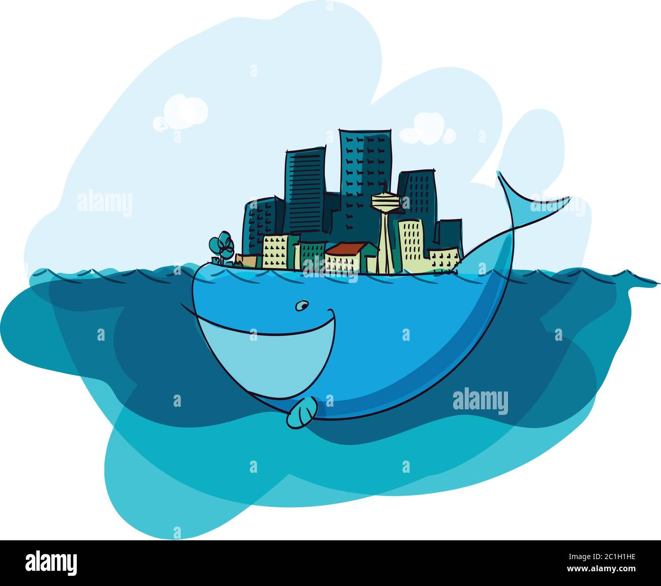 Giant whale swimming in the sea while carrying a city on it's back ...