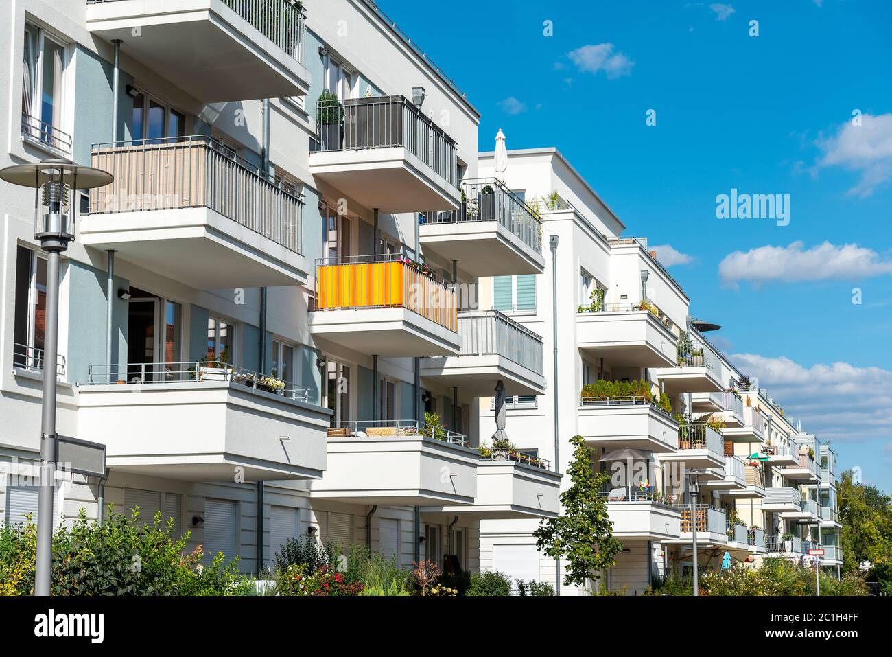Modern apartment houses with many balconies seen in Berlin, Germany ...
