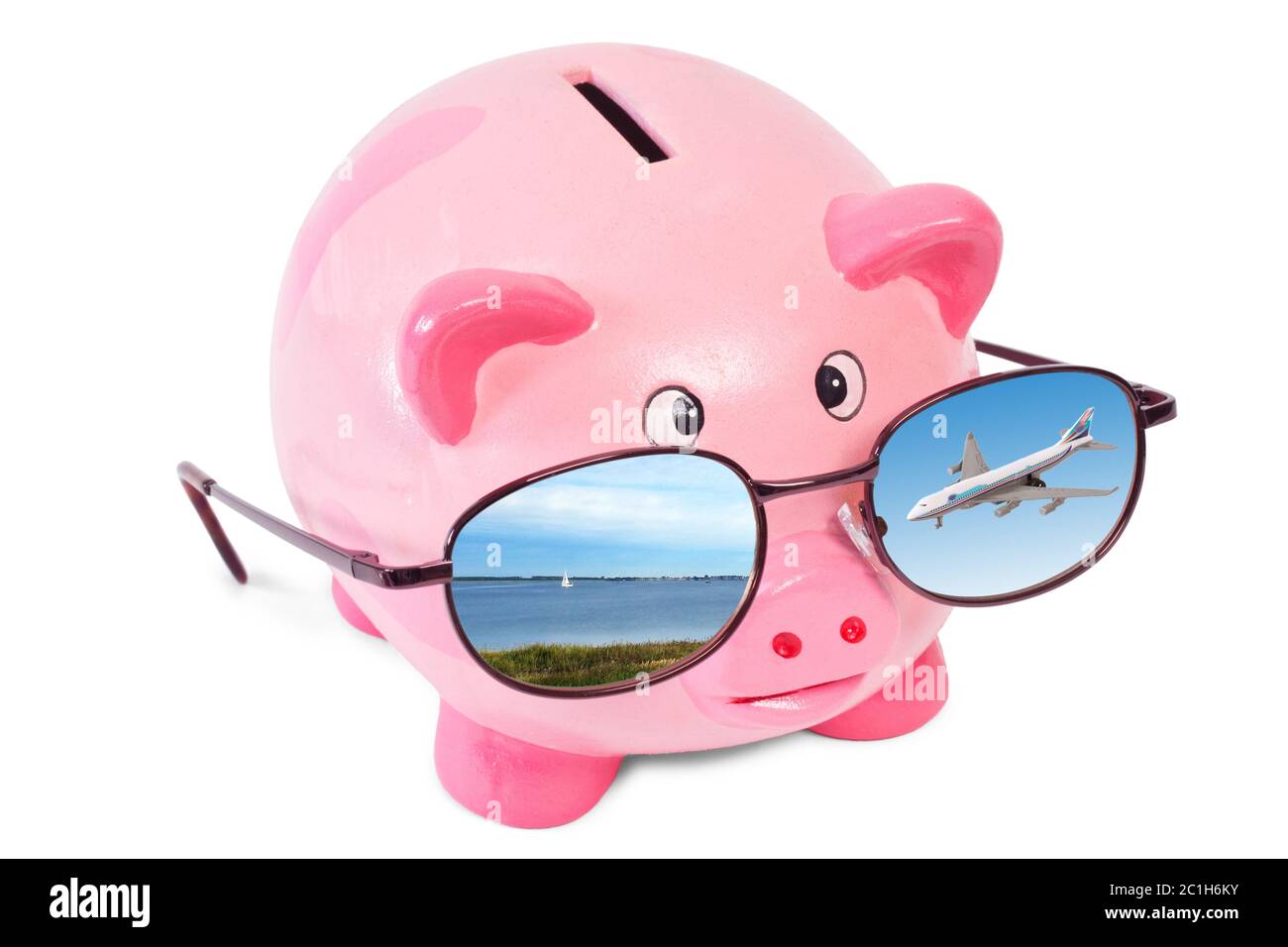 pink piggy bank with sunglasses Stock Photo