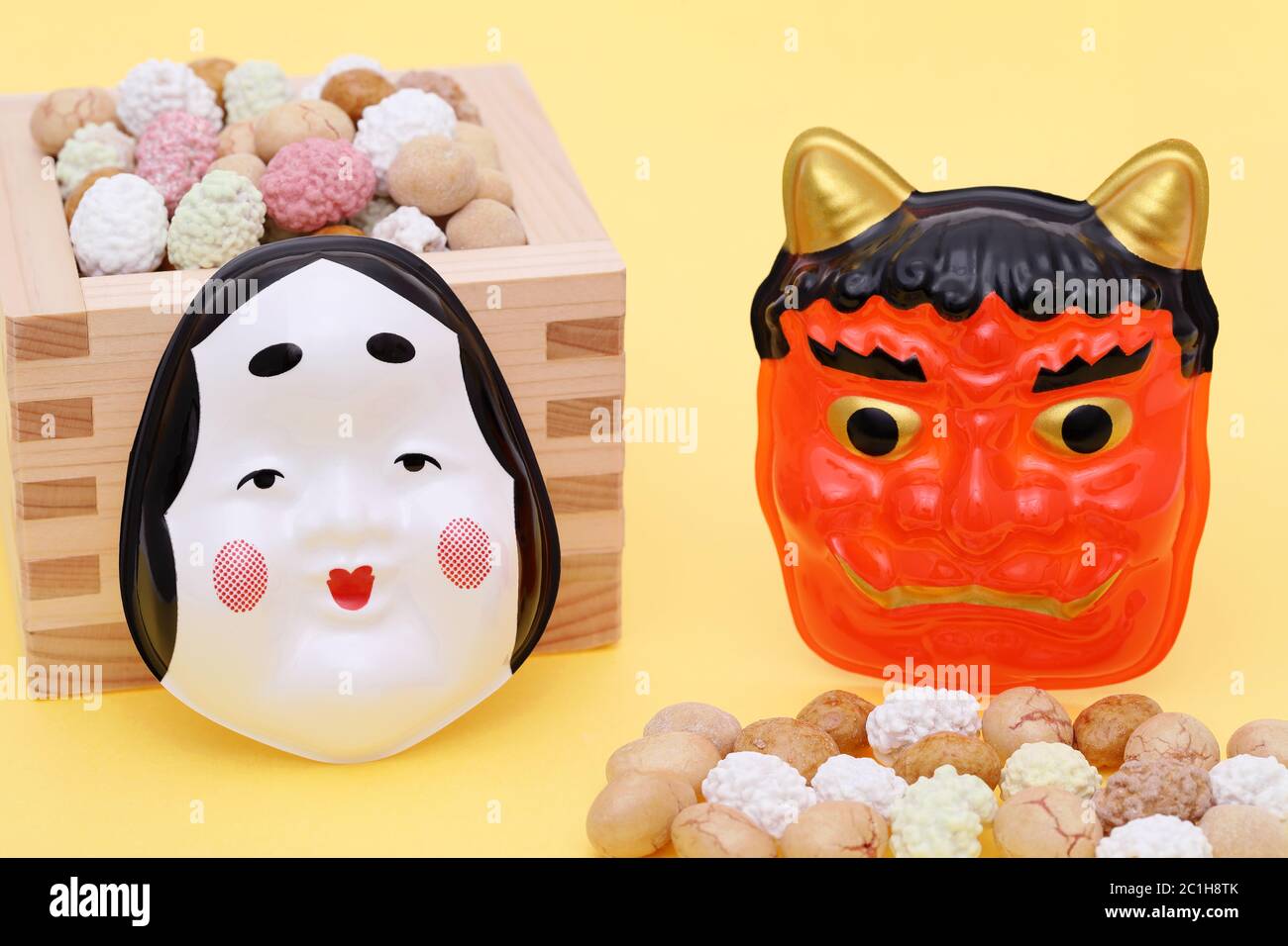 Japanese traditional event, soybean snacks and mask are used on an
