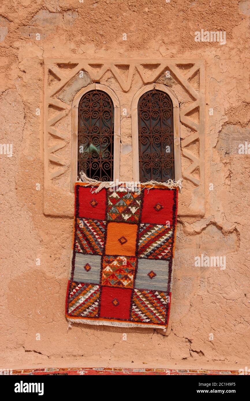 Morocco, Marrakesh, typical colourful Moroccan Berber carpets hanging