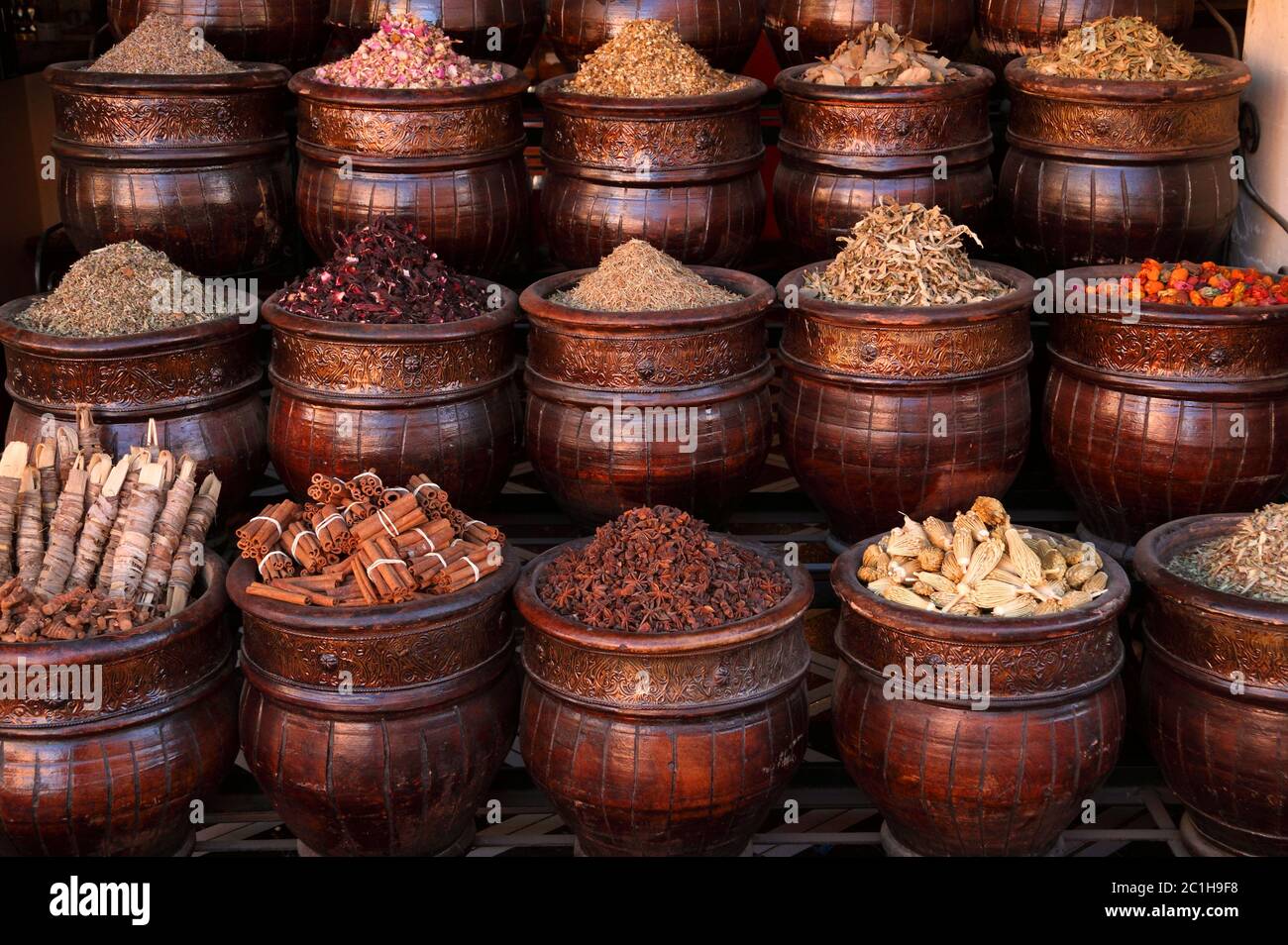 Morocco. Colourful display of spices and herbs in the historical medina souk of Marrakech. UNESCO World Heritage site. Stock Photo
