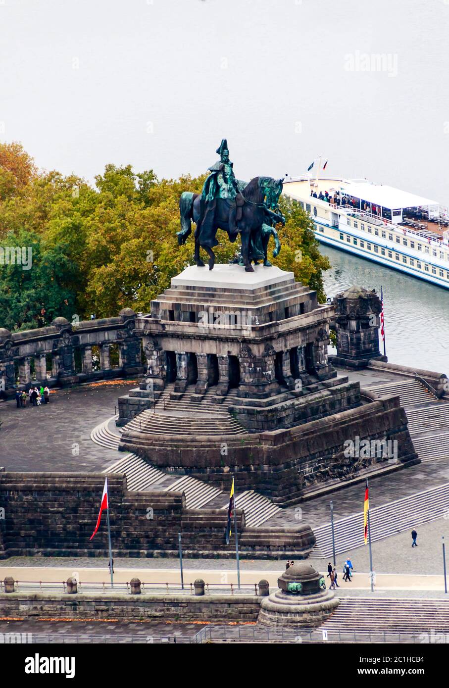 Deutsches Eck (German: 'German Corner') is the name of a headland in Koblenz, Germany, where the Mosel river joins the Rhine. Stock Photo