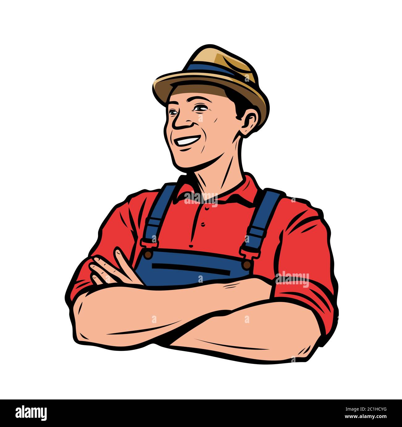 Happy farmer in hat. Agriculture, farming retro vector illustration Stock Vector