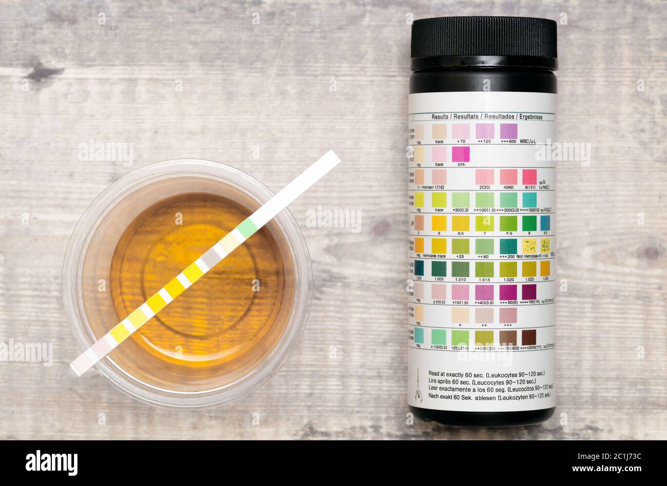 Health and wellbeing urine test. A reagent urine test strip, a plastic urine sample pot and