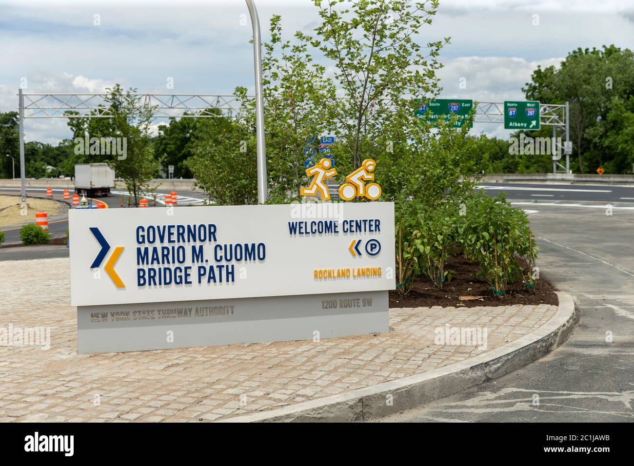 Tarrytown, NY - June 15, 2020: View of the entrance to Rockland landing welcome center of Mario Cuomo Bridge in Tarrytown. Stock Photo