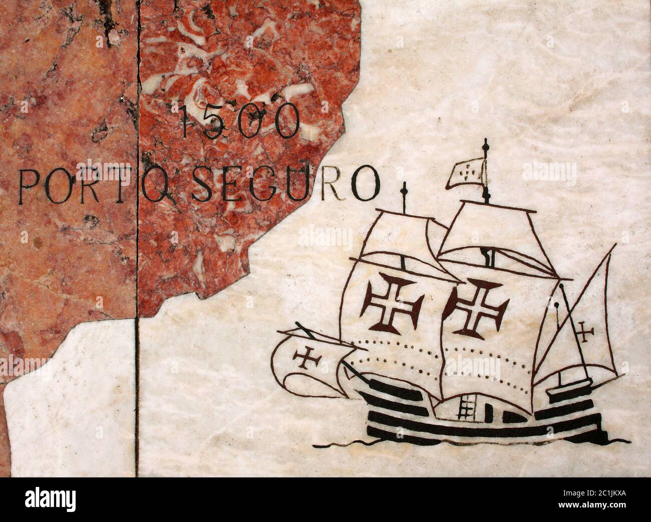 Portugal Lisbon Belem Detail of huge wind rose laid in marble depicting the Portuguese discovery expeditions - caravel arriving in Porto Seguro Brazil Stock Photo