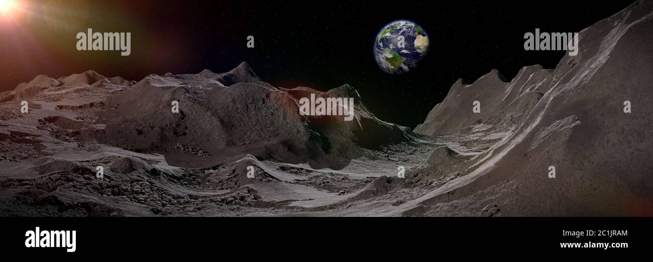 Moon landscape, lunar surface with planet Earth on the horizon Stock Photo