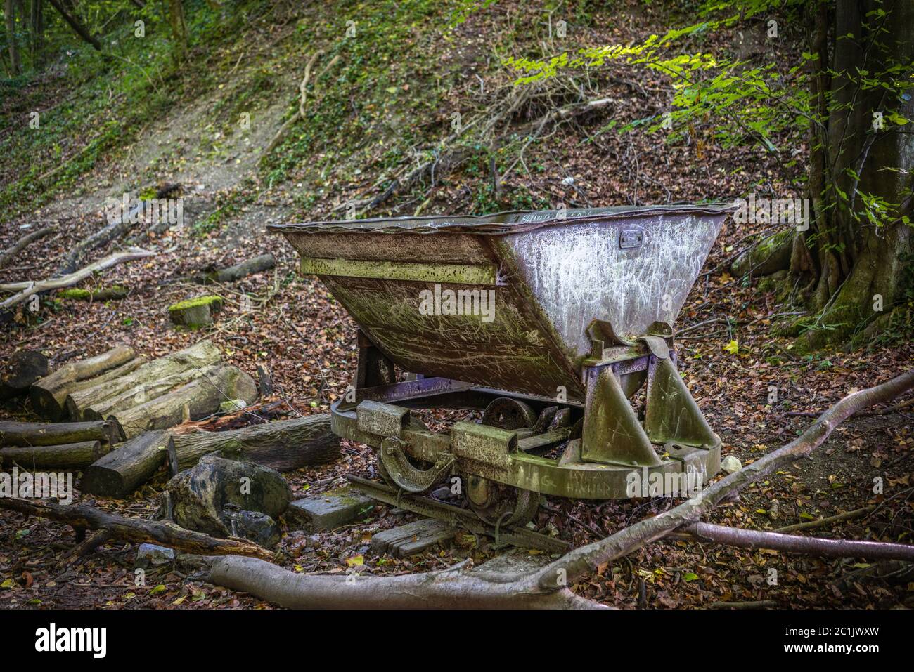 An old abandoned wagon at Buriton Chalk Pits in the South Downs National Park, England, UK Stock Photo