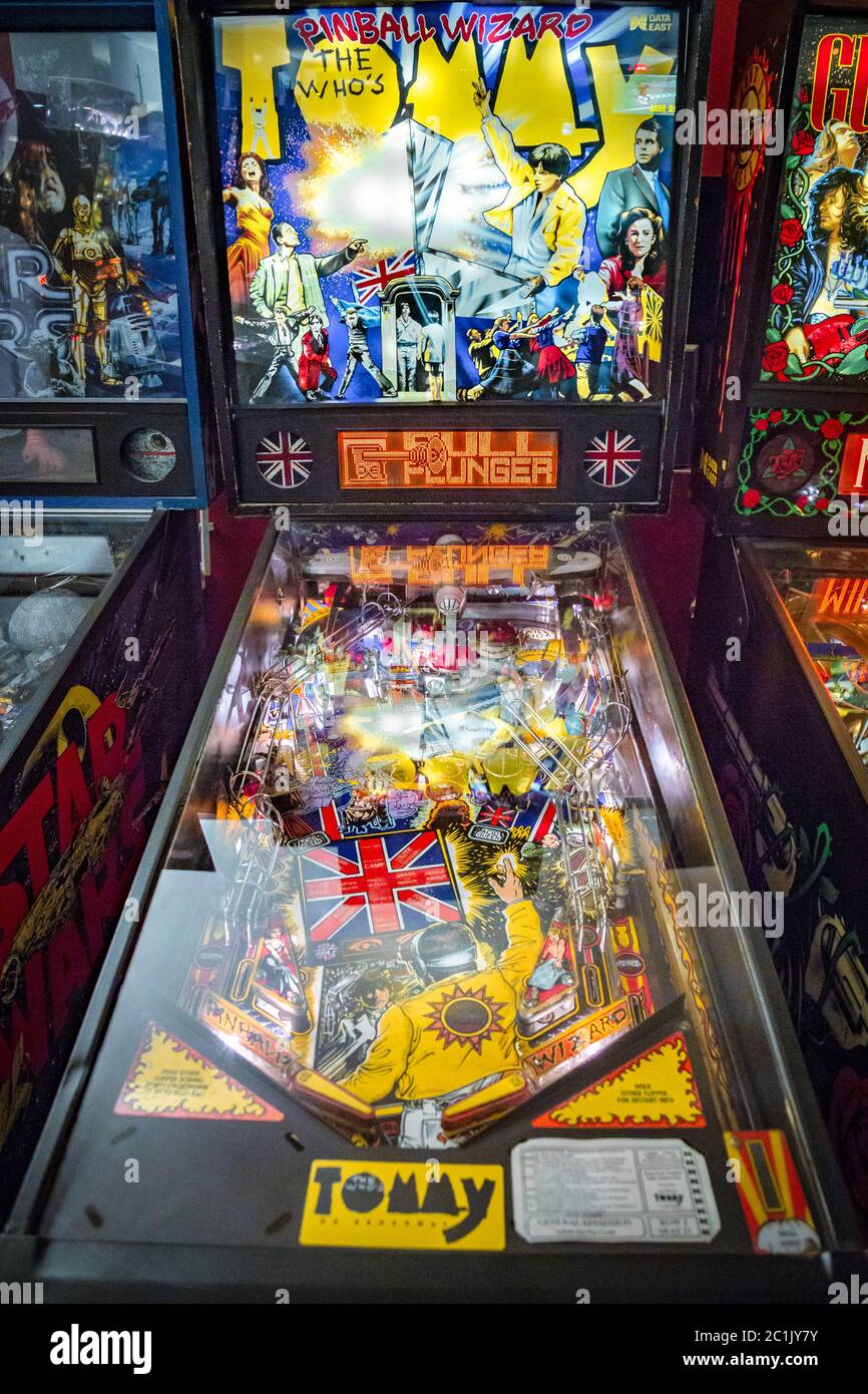 Budapest, Hungary - March 25, 2018: Pinball museum. Pinball table close up view of vintage machine Stock Photo
