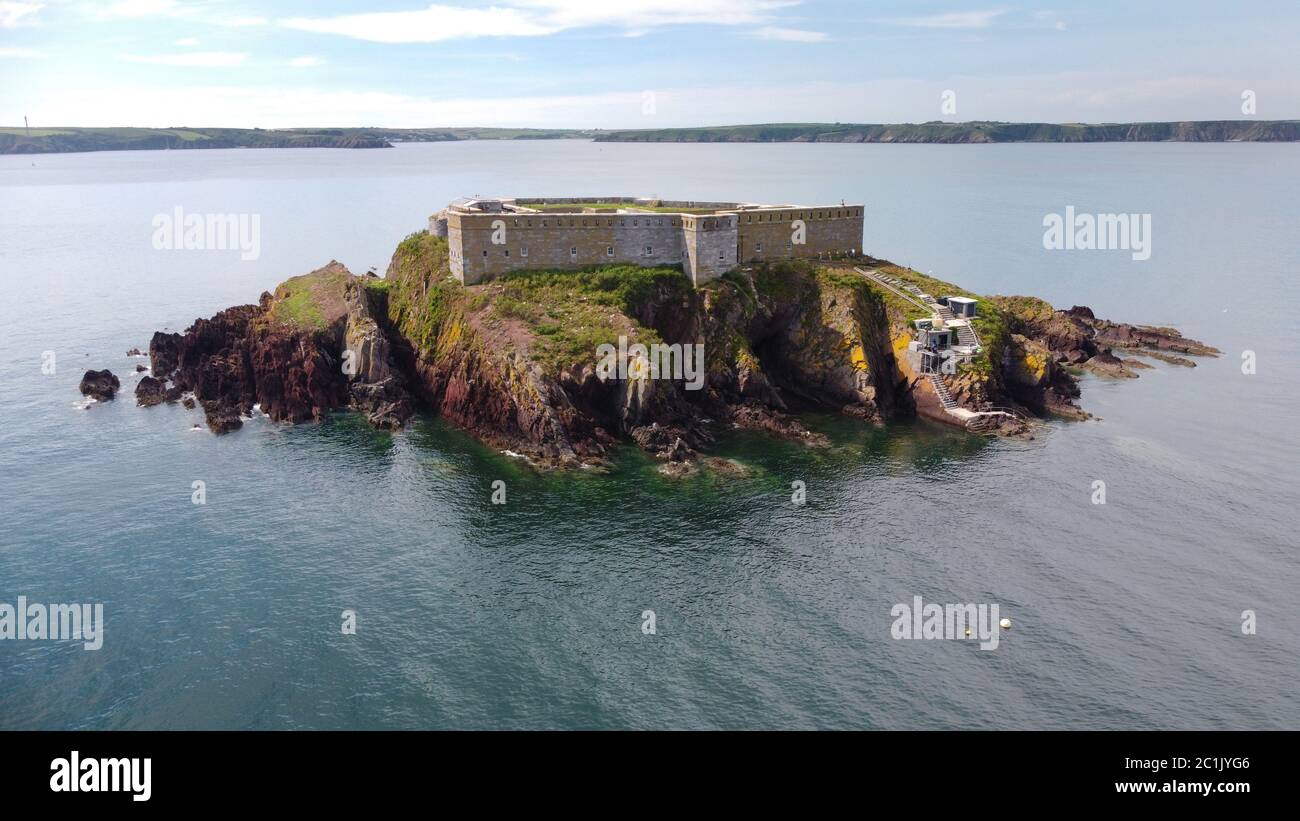 Aerial view of Thorne Island Fort, near Angle, Pembrokeshire Wales UK Stock Photo