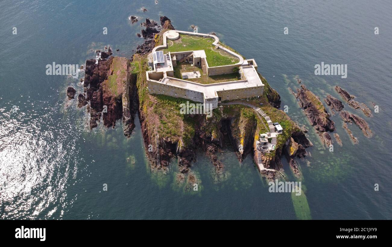 Aerial view of Thorne Island Fort, near Angle, Pembrokeshire Wales UK Stock Photo