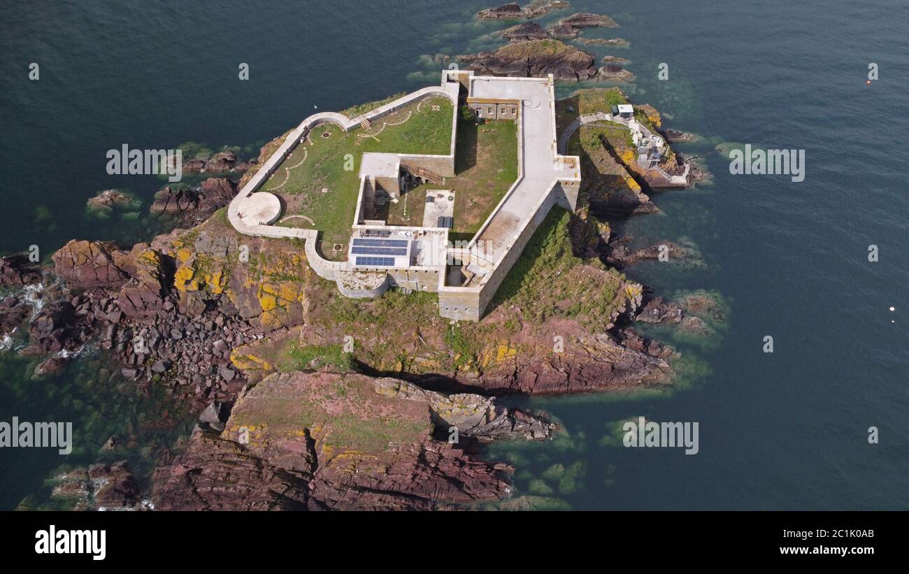 Aerial view of Thorne Island Fort, near Angle, Pembrokeshire Wales UK Stock Photo