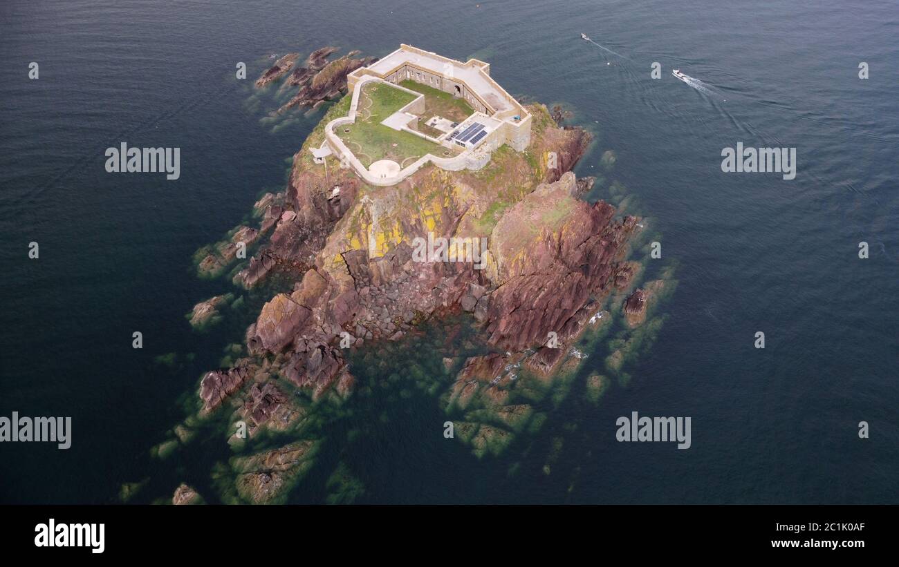 Aerial view of Thorne Island Fort, near Angle, Pembrokeshire Wales UK Stock Photo