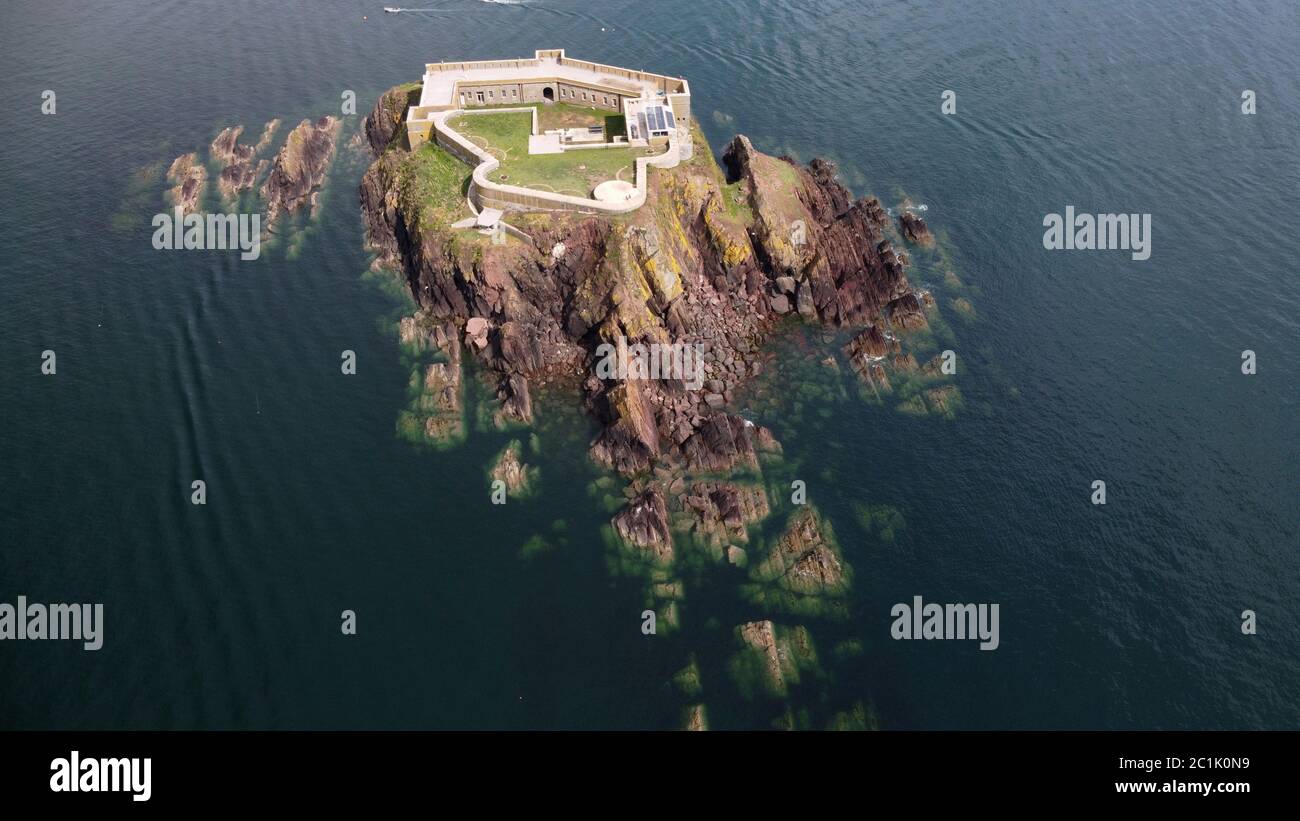 Aerial view of Thorne Island Fort, near Angle, Pembrokeshire Wales UK Stock Photo