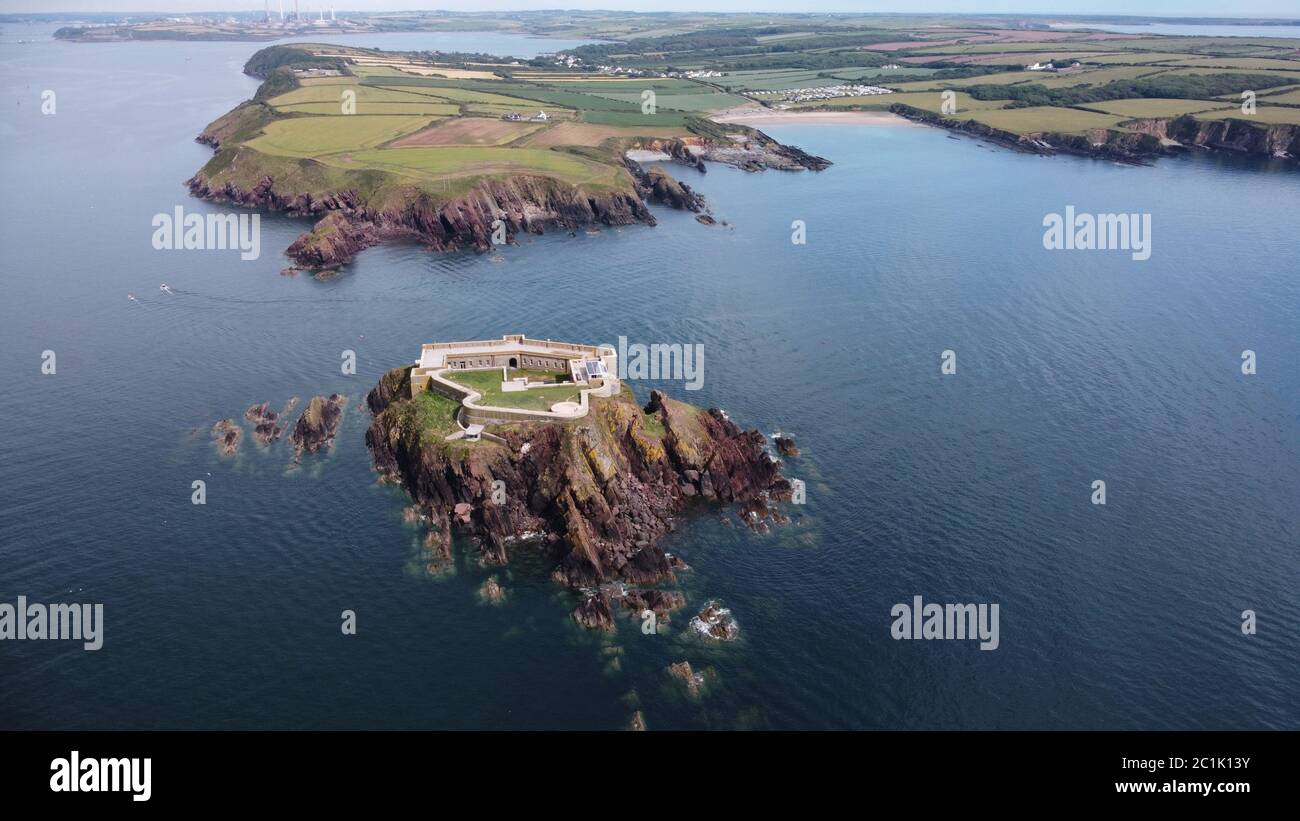 Aerial view of Thorne Island Fort, near Angle, Pembrokeshire Wales UK Stock Photo