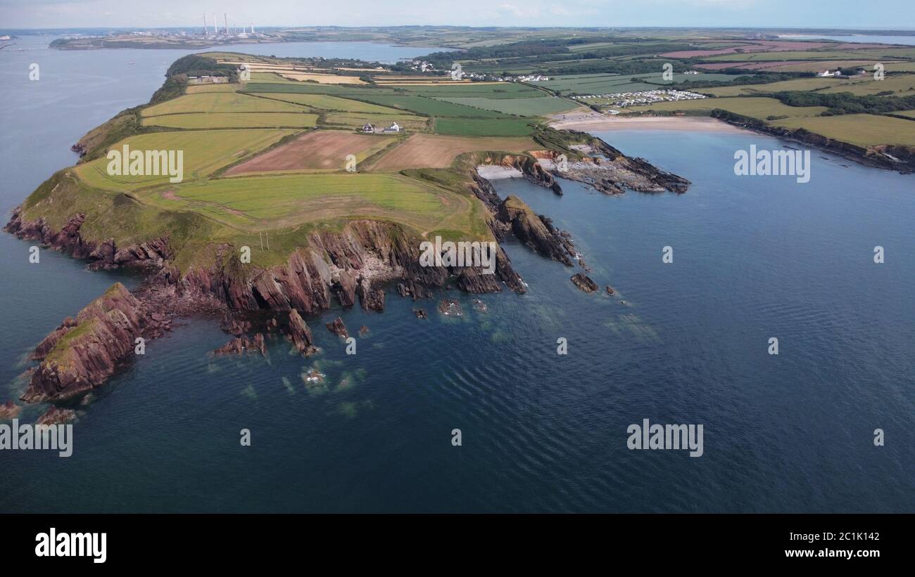 Aerial view of West Angle Beach, Angle, Pembrokeshire Wales UK Stock Photo
