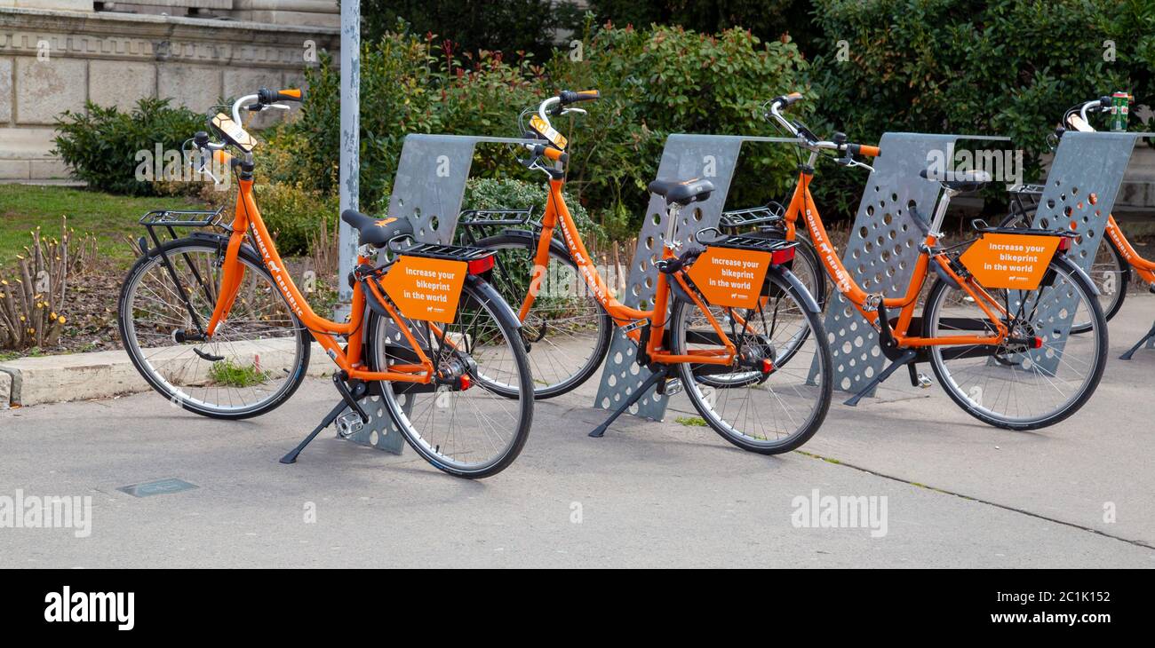 Budapest, Hungary - March 27, 2018: Donkey Republic bicycles for rent offering bike sharing in the city of Budapest Stock Photo