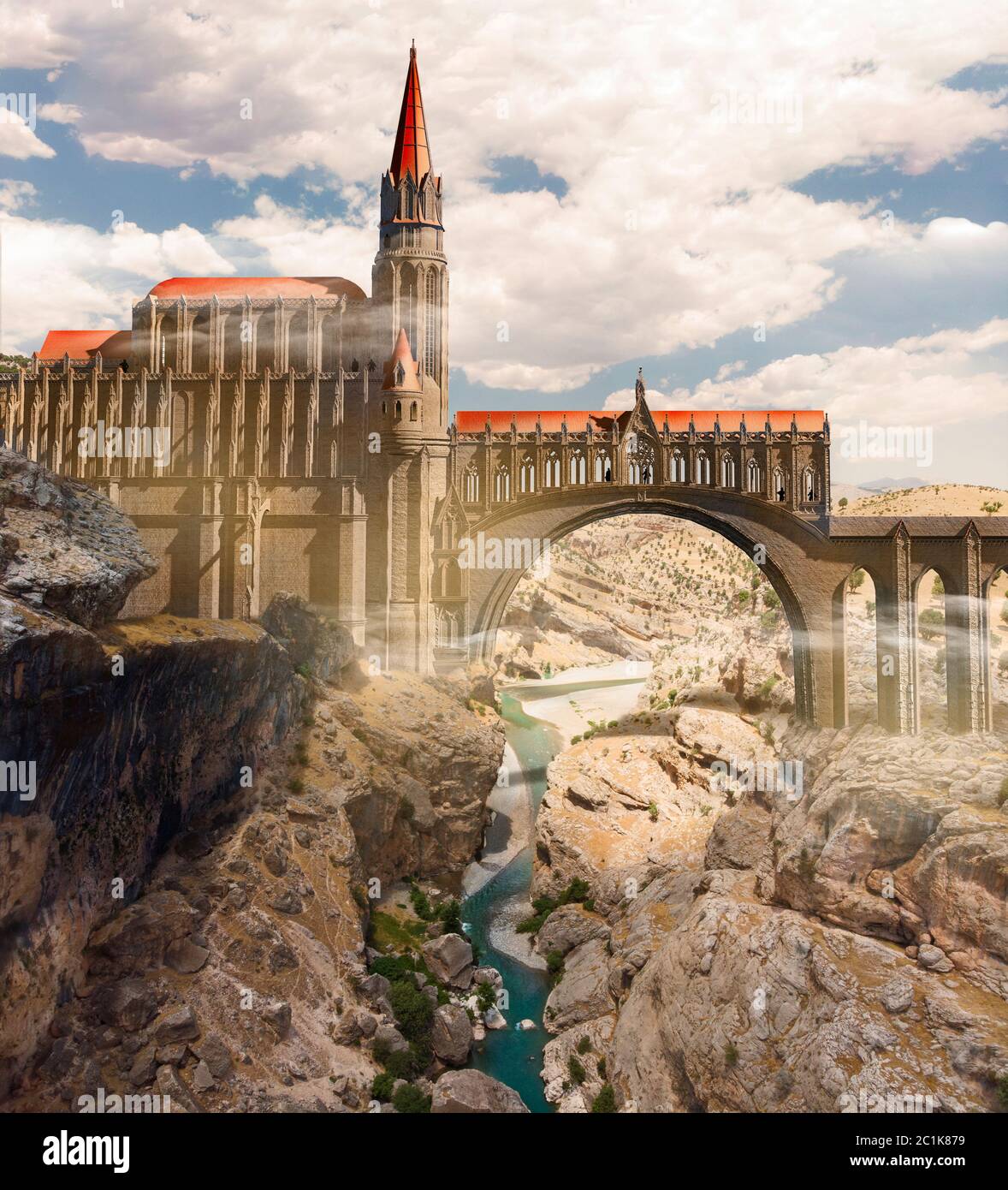 Medieval fantasy world, cathedral and bridge over a cliff. Valley with river. Gothic fortress. Castle. Aerial view. Great empires and conquests. Stock Photo