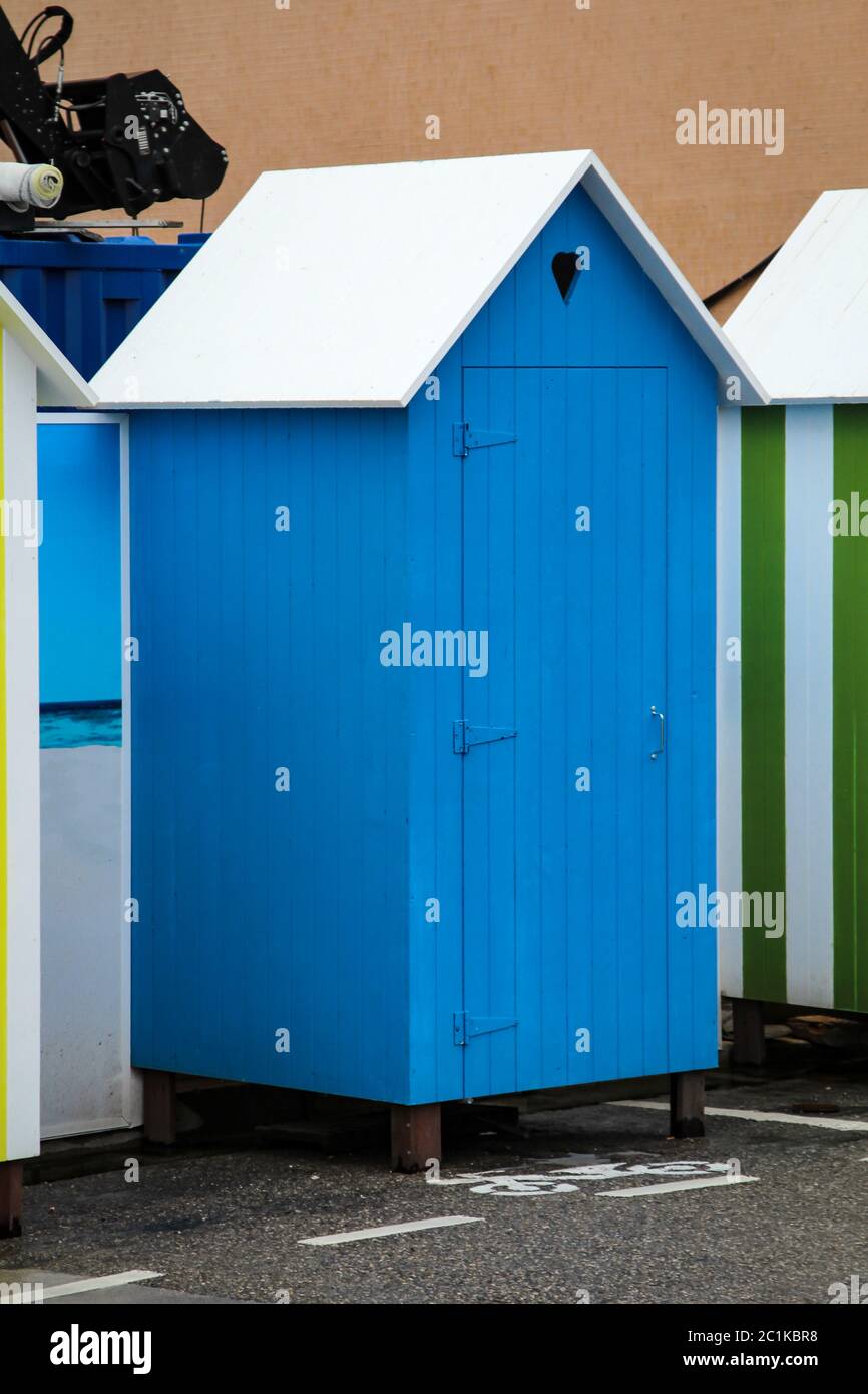 Toilet house, house, changing house with stripes Stock Photo Alamy
