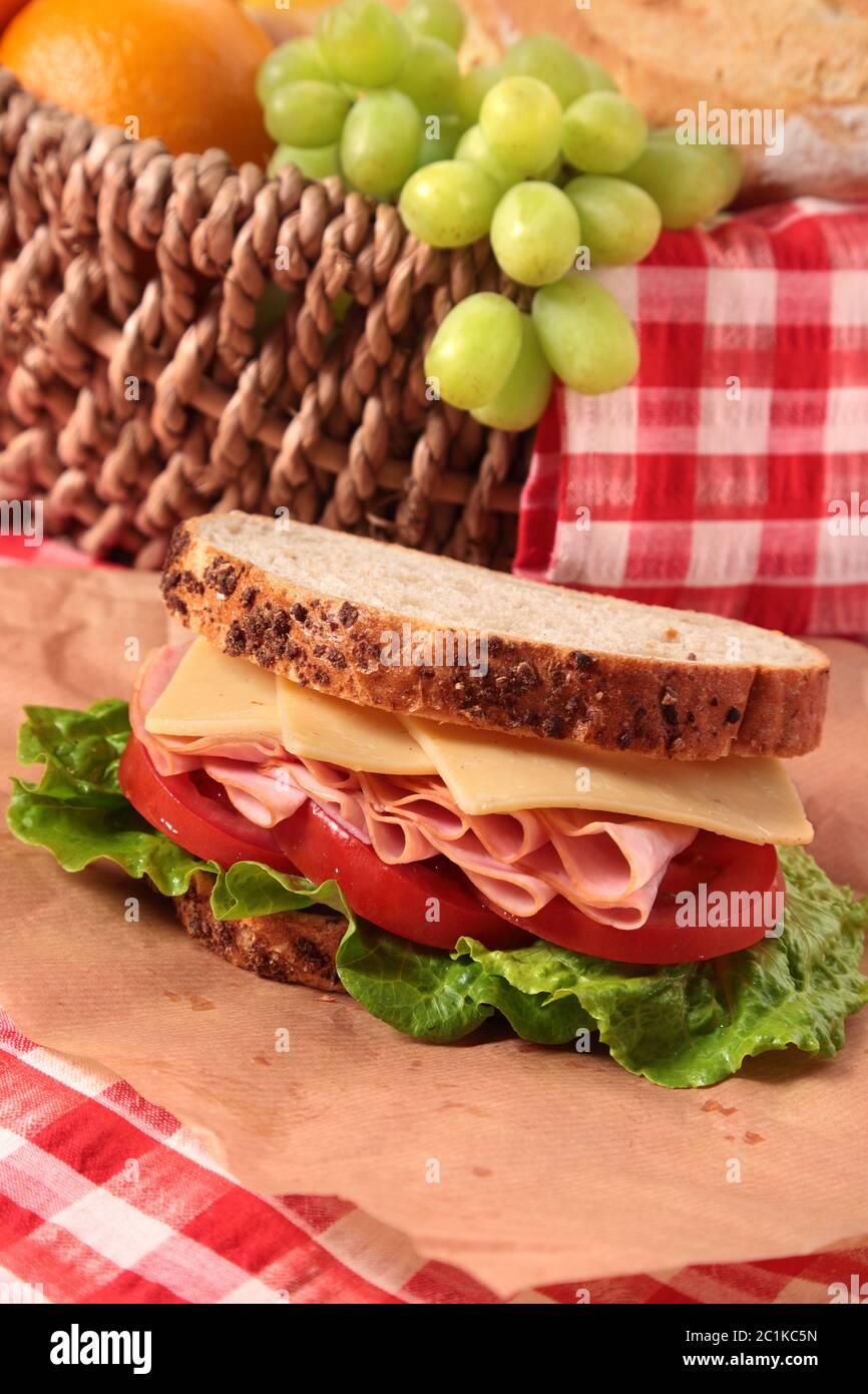 Picnic basket ham and cheese sandwich Stock Photo Alamy