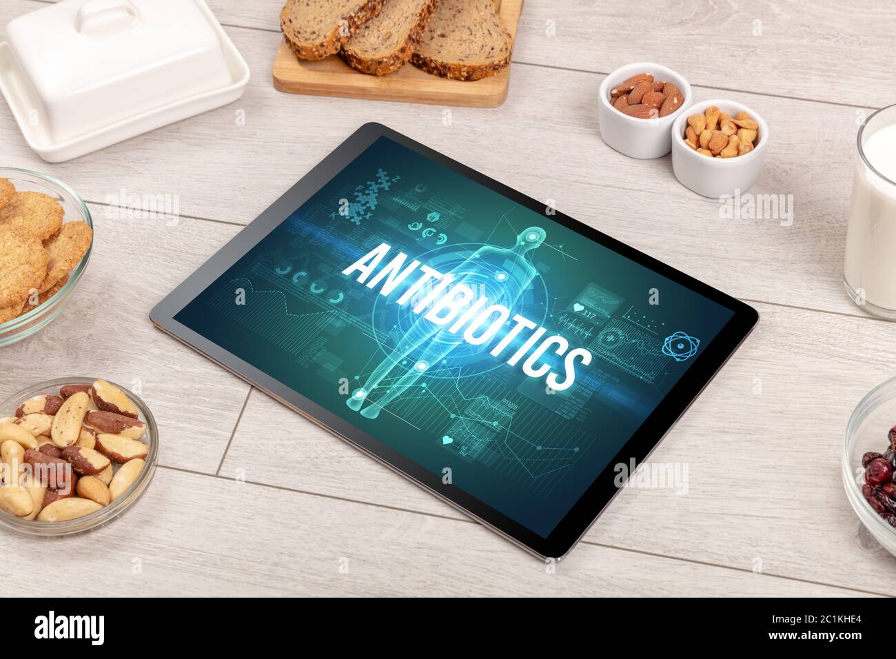 ANTIBIOTICS concept in tablet with fruits, top view Stock Photo Alamy