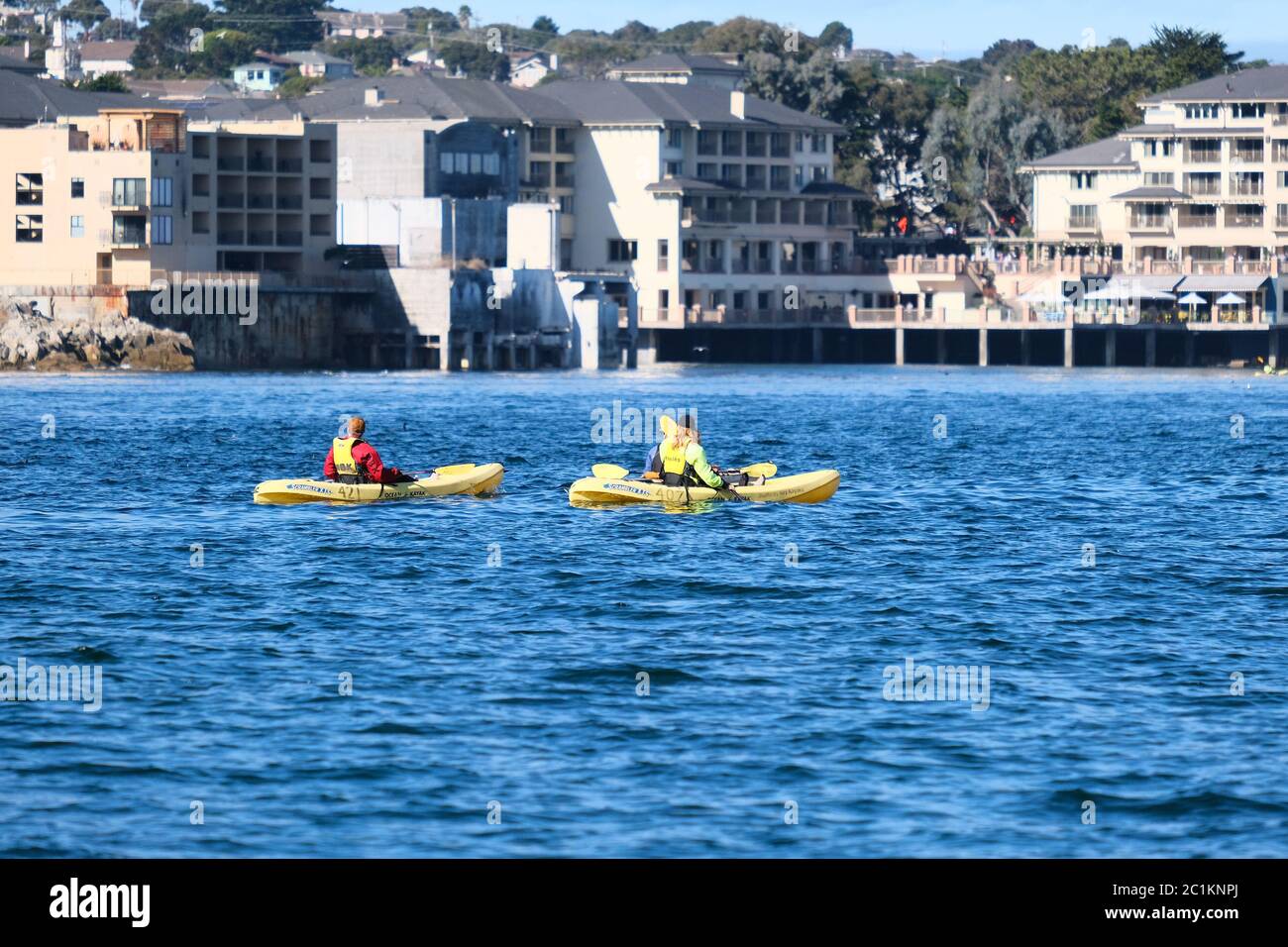 Yellow Kayaks in Monterey Stock Photo