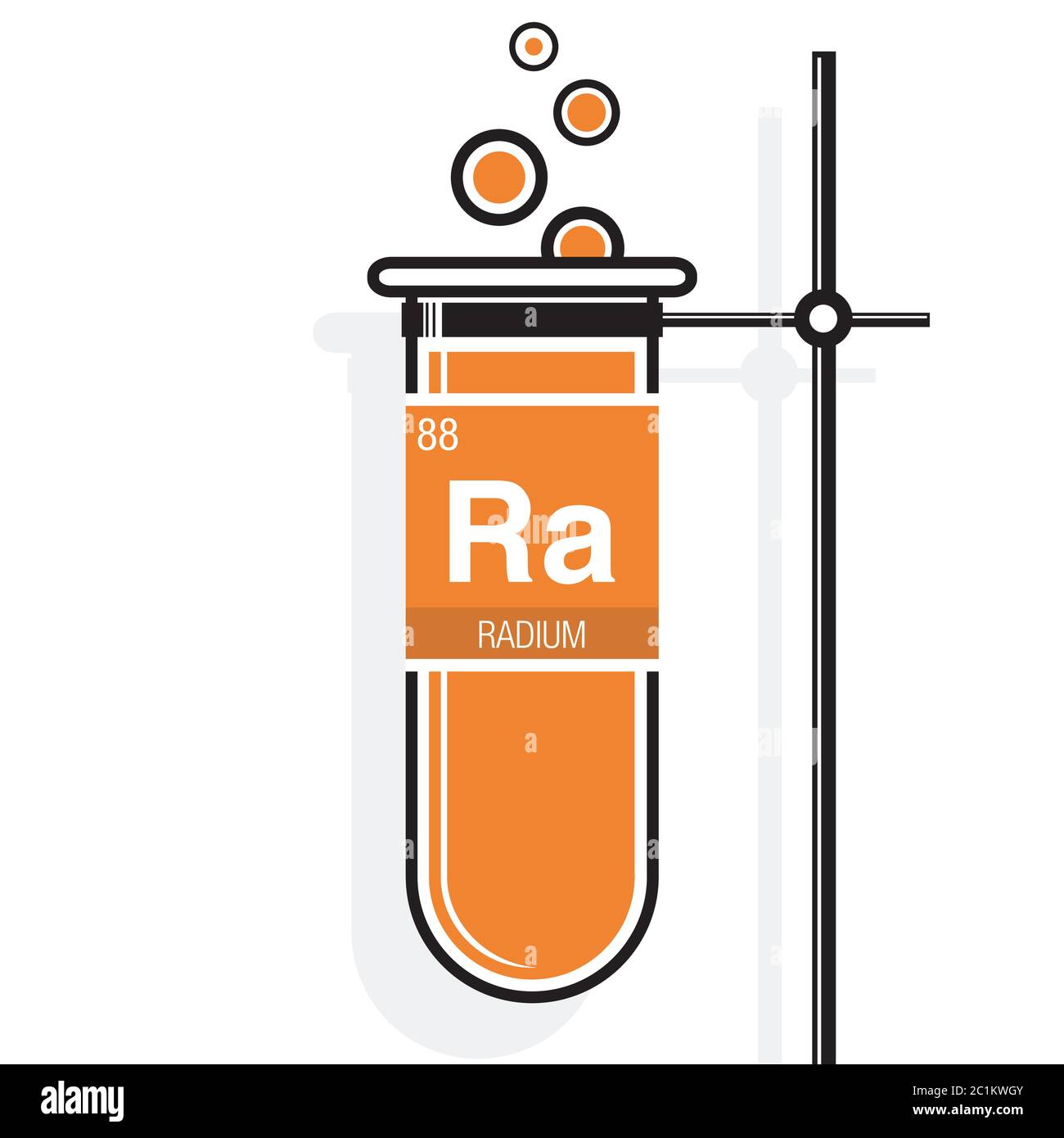 Radium symbol on label in a orange test tube with holder. Element number 88 of the Periodic Table of the Elements - Chemistry Stock Vector