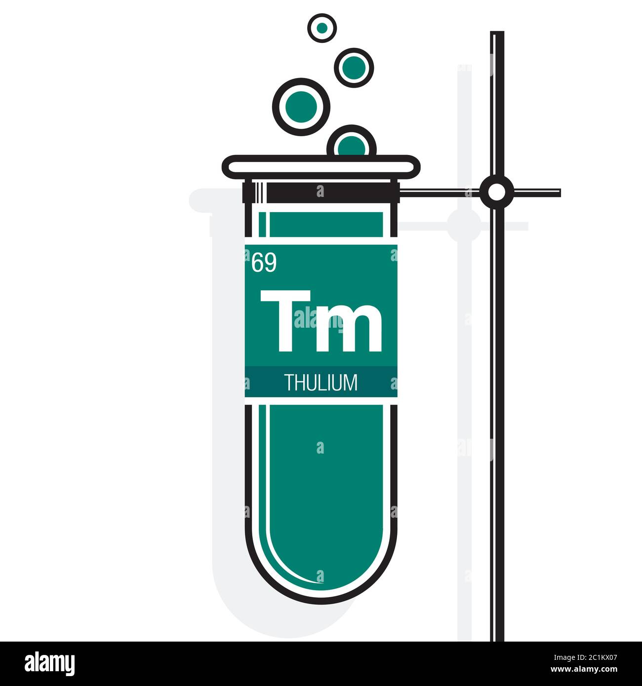 Thulium symbol on label in a green test tube with holder. Element