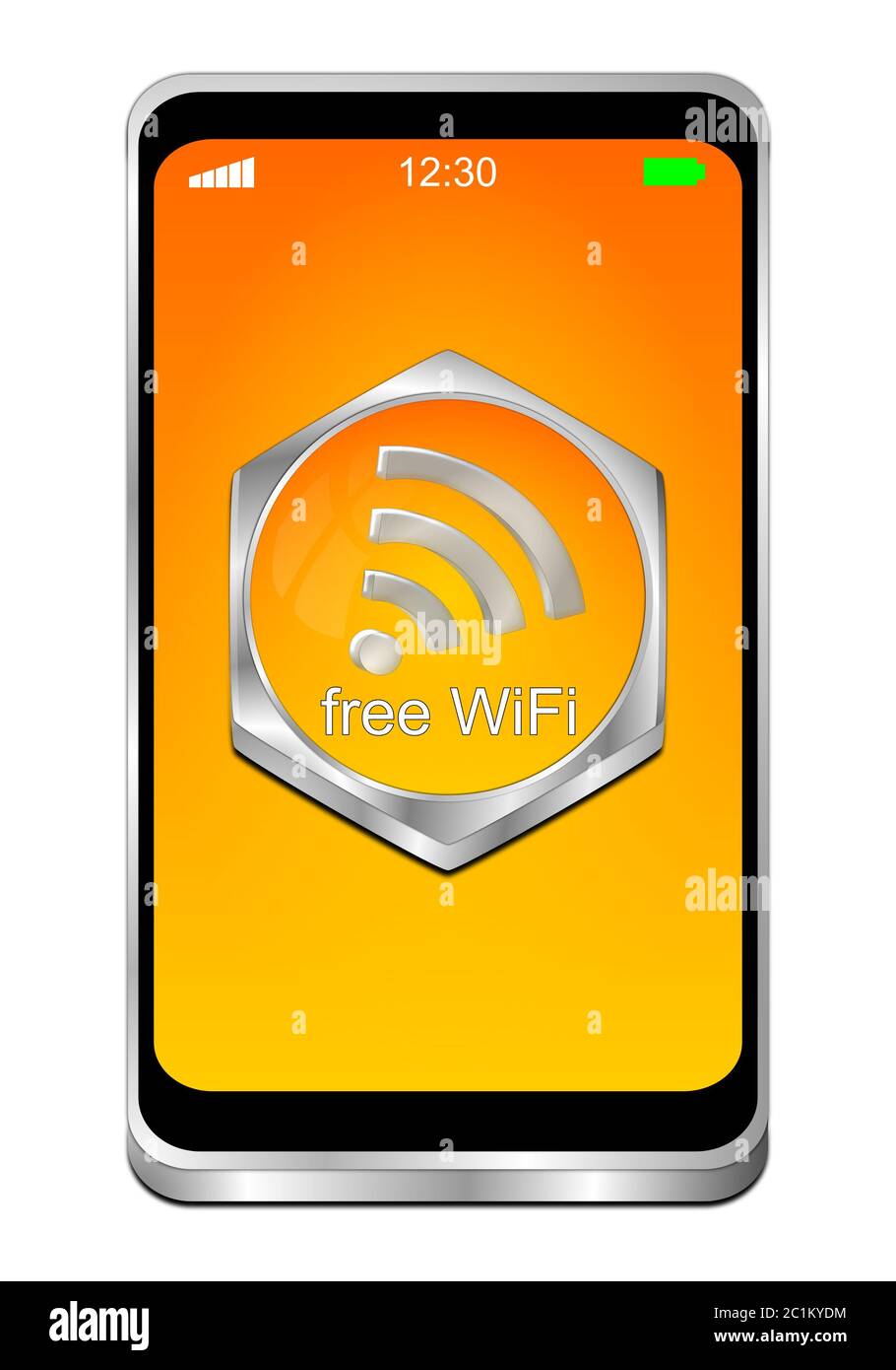 Smartphone with free wireless WiFi button on orange desktop - 3D illustration Stock Photo