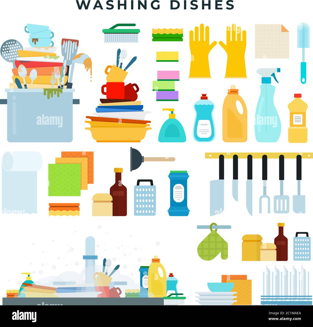 Dish washing equipment, dirty and clean dishes, kitchen utensils