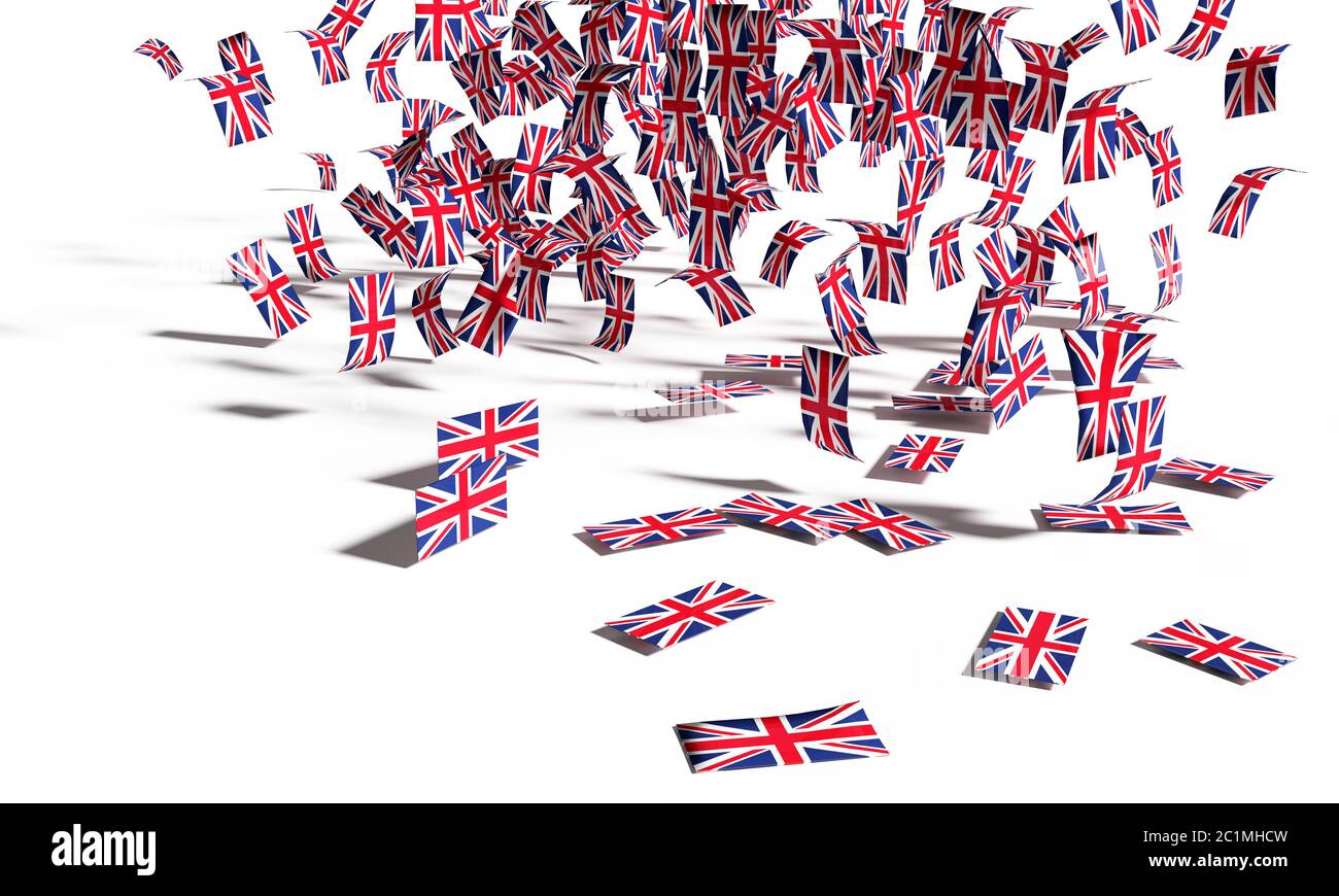 Many notes and flags from Great Britain falling down to the ground Stock Photo