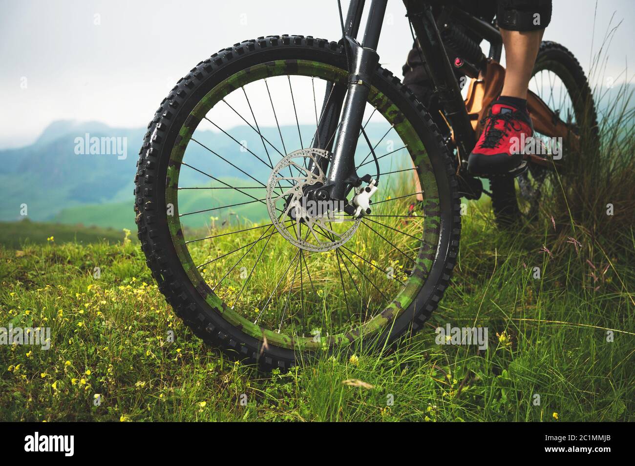 Close-up of a mountain bike wheel in the mountains on the green grass and foot of a rider Stock Photo