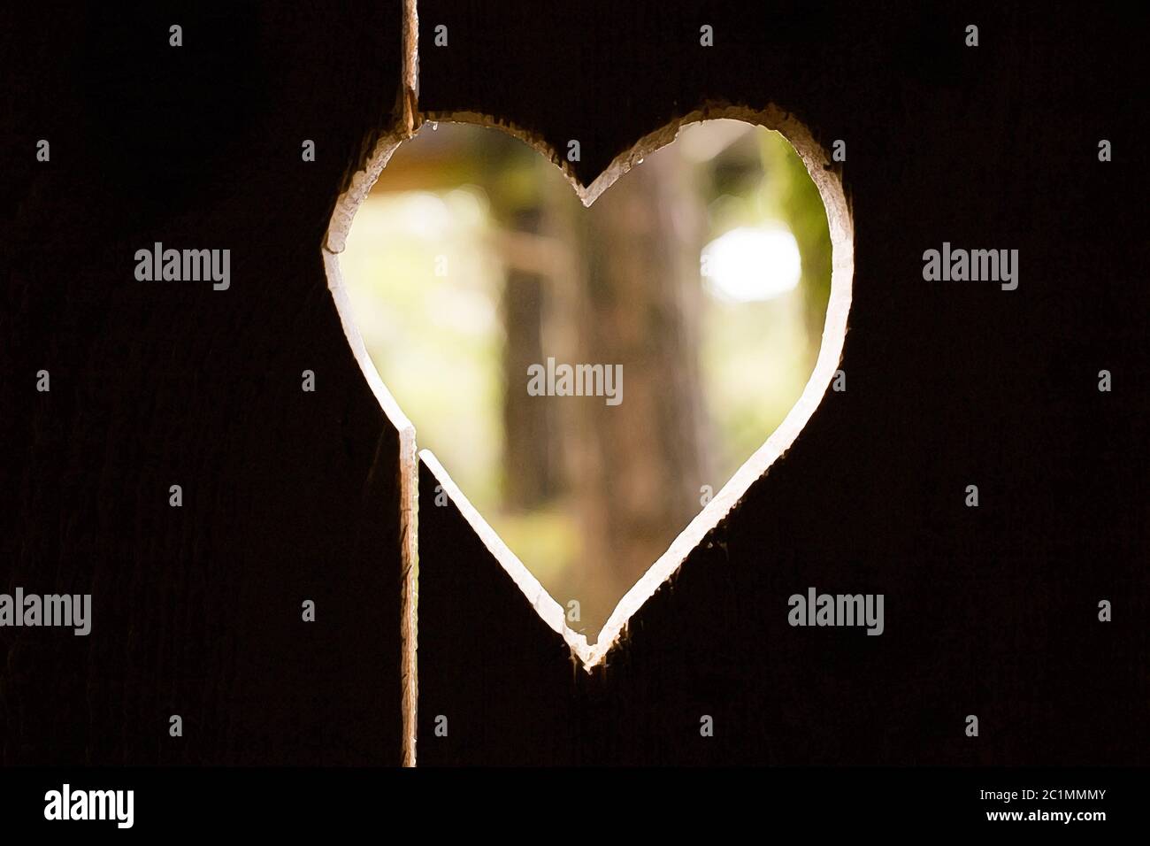 Heart carved in dark wooden wall texture, with bokeh background Stock Photo