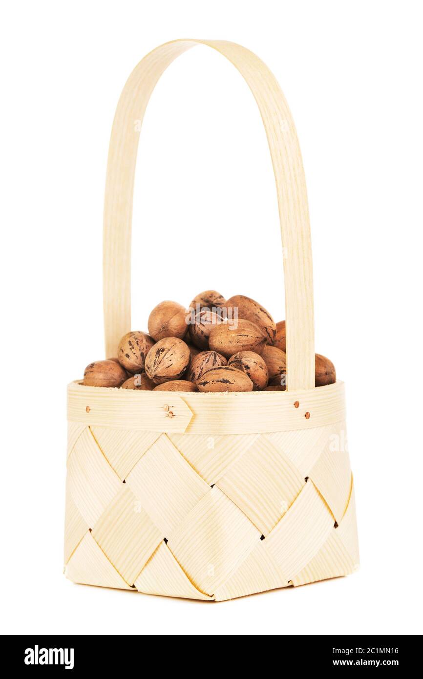 Pecan Nuts In Wooden Basket Stock Photo