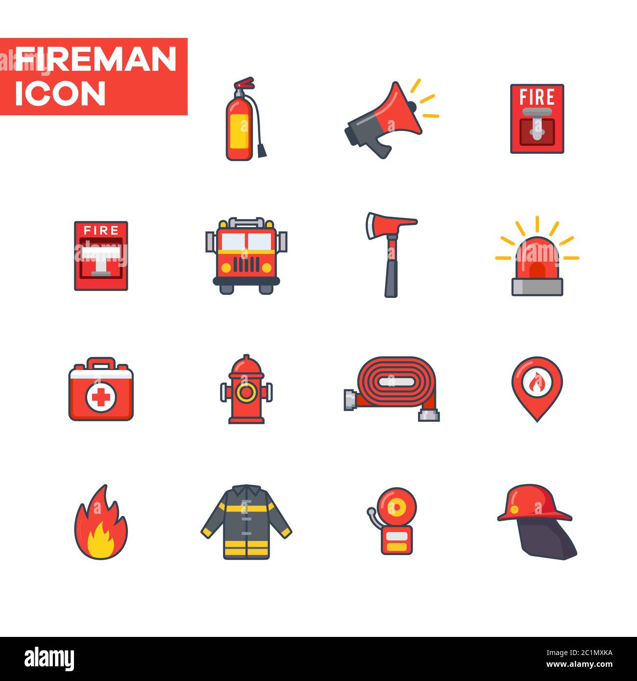 Flat icon of fire extinguisher, alarm and fire fighting equipment. Fireman icon set with bold lines. Fire fighter graphic resources. Stock Vector