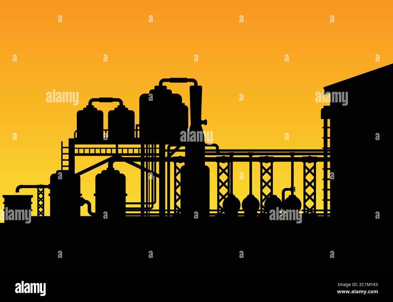 Silhouette of a manufacture factory building with towers, tubes and production pipes for chemical industry Stock Vector