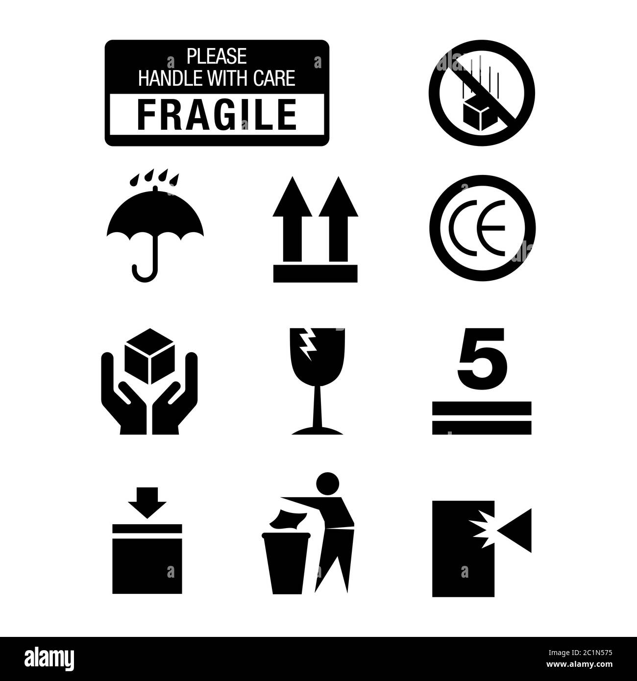 collection of warning signs on cardboard boxes or packaging of goods such as fragile cargo, maximum piles, avoidance of water, and others. Box warning Stock Vector