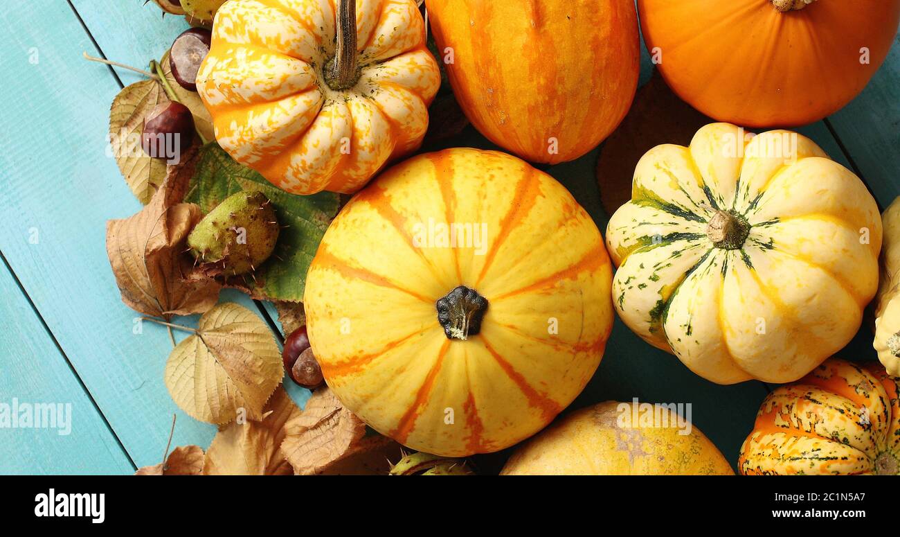 Pile of pumpkins decorated with leaves and chestnuts Stock Photo - Alamy