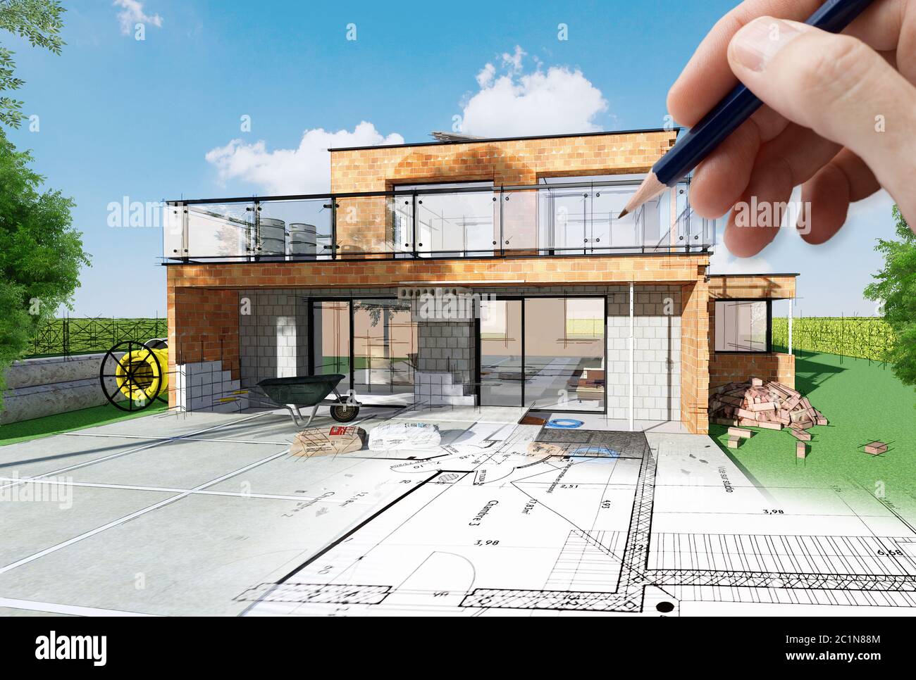 3d Rendering Of A Modern House Under Construction With A Pen Stock Photo Alamy