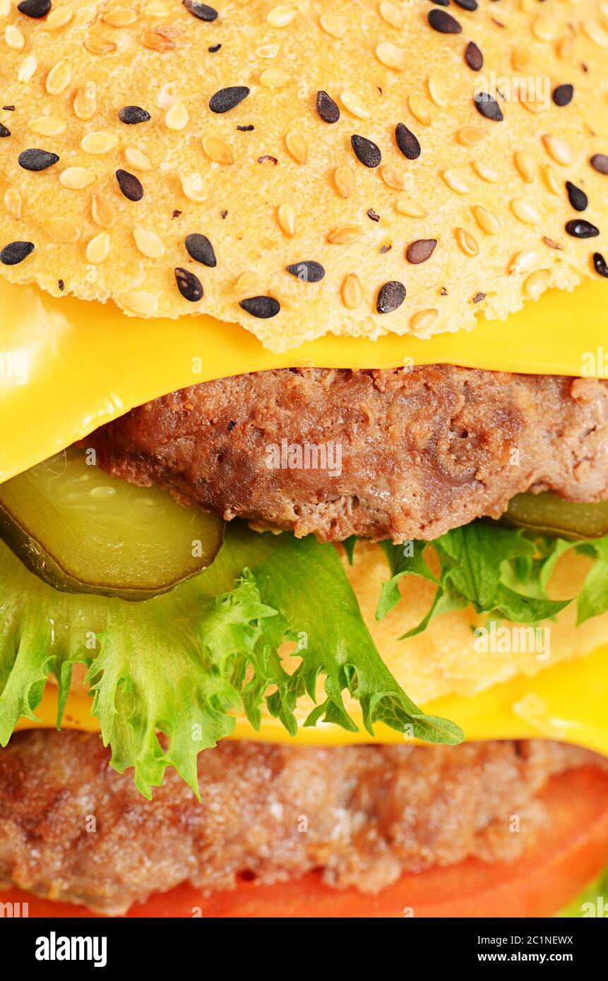 Hamburger with cutlet and cheese on white background Stock Photo